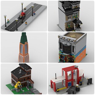定制积木创意设计摩天大楼锯木厂城市银行冲浪商店HotRod改装车