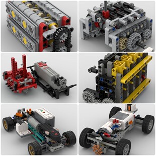 定制积木有轨电车直列四缸发动机4x4底盘RC车底盘6档变速箱发动机