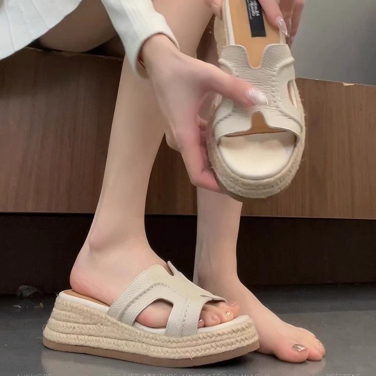 赵露思同款~草编松糕鞋厚底高跟H凉鞋女夏季外穿2025新款一字凉拖