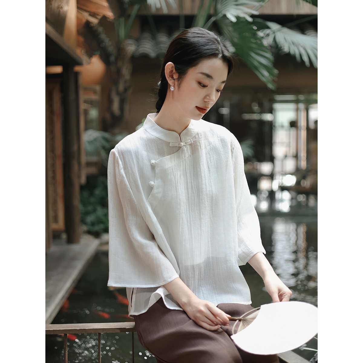新中式女装2025春夏新款天丝苎麻上衣女中国风复古斜襟盘扣T恤女