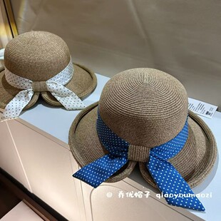 蓝色波点蝴蝶结圆顶草帽女夏季 出游度假海边沙滩遮阳防晒太阳帽