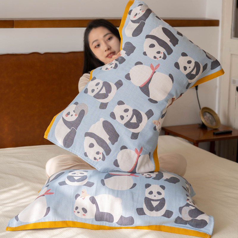 蓝色熊猫枕巾纯棉A类纱布一对装单人新款全棉枕头巾情侣家用吸汗,床上用品,枕巾,淘宝优惠券,粉丝福利购,淘宝优惠卷