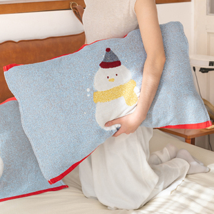 小雪人枕巾纯棉100全棉一对新款纱布枕头巾情侣轻奢高级感防头油