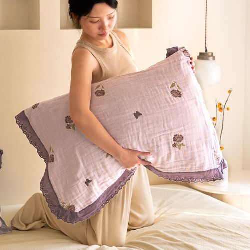 轻奢感紫玫瑰花边|枕巾纯棉a类