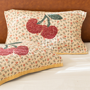 碎花樱桃枕巾A类全棉田园风四层纱布柔软透气枕头巾四季通用