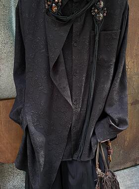 以休眠 复古日系裁片拼接花卉浮雕刺绣山本耀司风设计感长袖衬衫