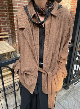 以休眠 复古小众提花镂空肌理感特殊工艺面料新中式拼接绑带长袖