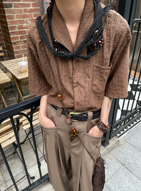 以休眠 复古夏季日系慵懒提花镂空肌理感短袖衬衫小众山本风衬衣