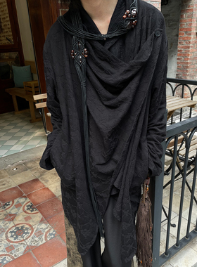 以休眠 复古山本耀司风花卉浮雕刺绣道袍衬衫不规则下摆设计外套