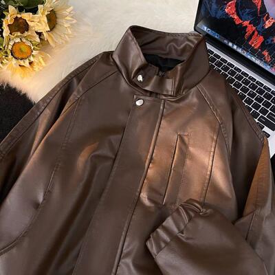 美式复古纯色PU皮立领机车夹克男女潮牌宽松百搭皮衣外套