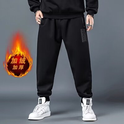 大码男装加绒加厚休闲裤子宽松潮胖子加肥加大肥佬束脚运动长裤男