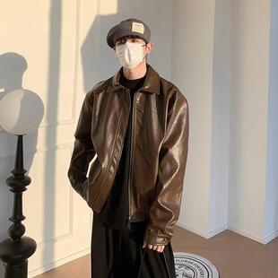 春秋新款美式复古休闲上衣潮流机车短款皮夹克外套皮衣男