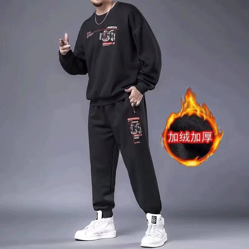 大码套装休闲男士圆领卫衣肥佬收脚裤加肥加大运动服长裤子一件套