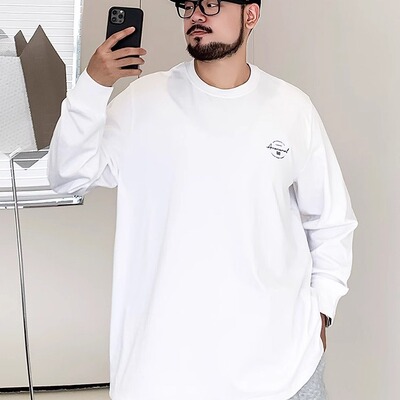 潮牌大码秋季纯棉圆领长袖T恤男士胖子宽松加肥加大休闲打底衫