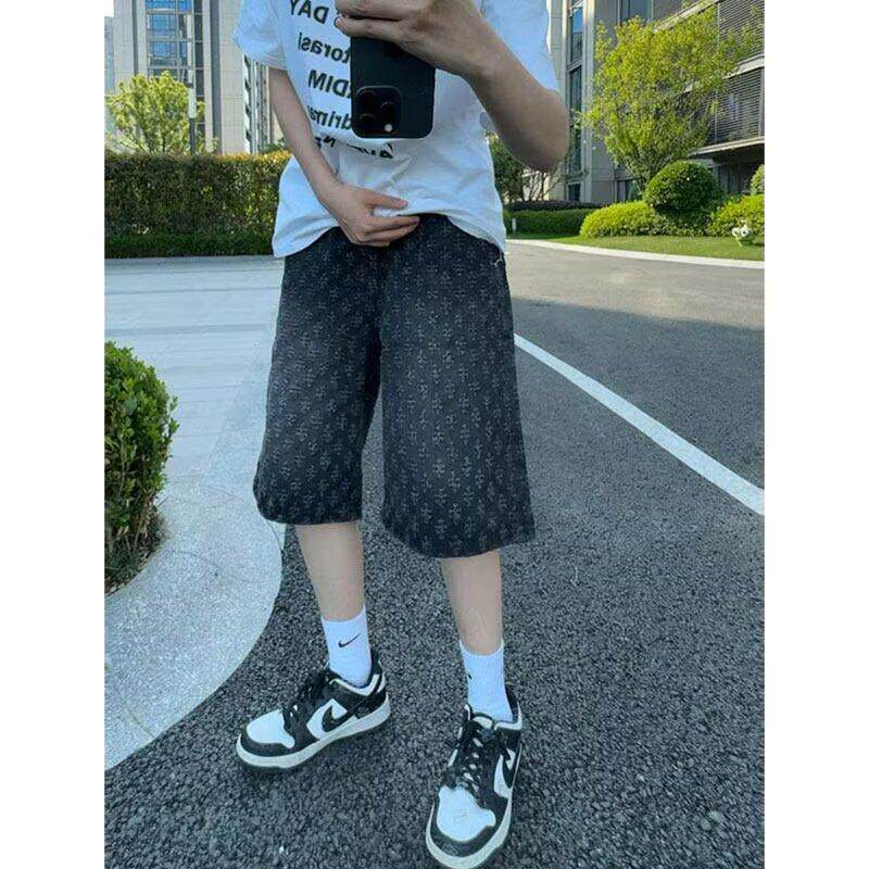 童装浅蓝色满印提花牛仔裤男款中大童痞帅炸街裤子美式高街微喇裤