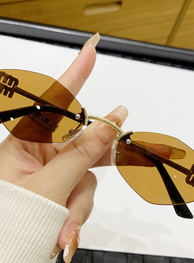 新款欧美太阳镜无框切边菱形MIU家墨镜女高级感金属镜架太阳眼镜