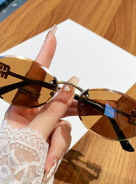 跨境眼镜太阳镜M缪家椭圆无框墨镜金属设计感网红女士太阳眼镜男