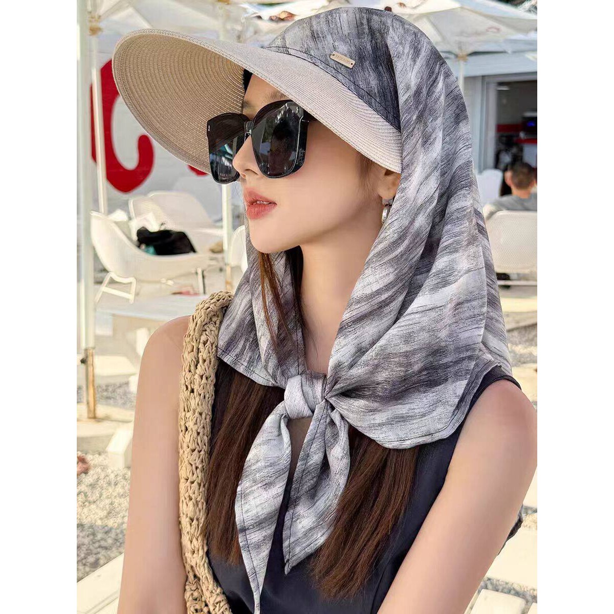 夏季绑带丝巾帽女防晒防紫外线新款草编大帽檐遮发护颈一体遮阳帽