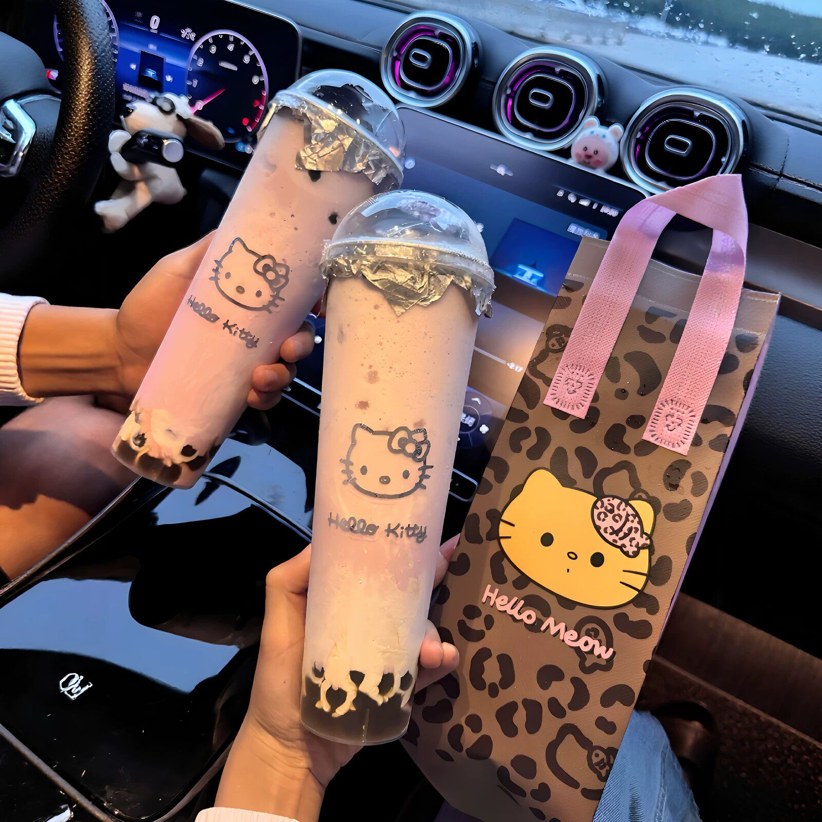 可爱猫咪1L超长一次性奶茶杯