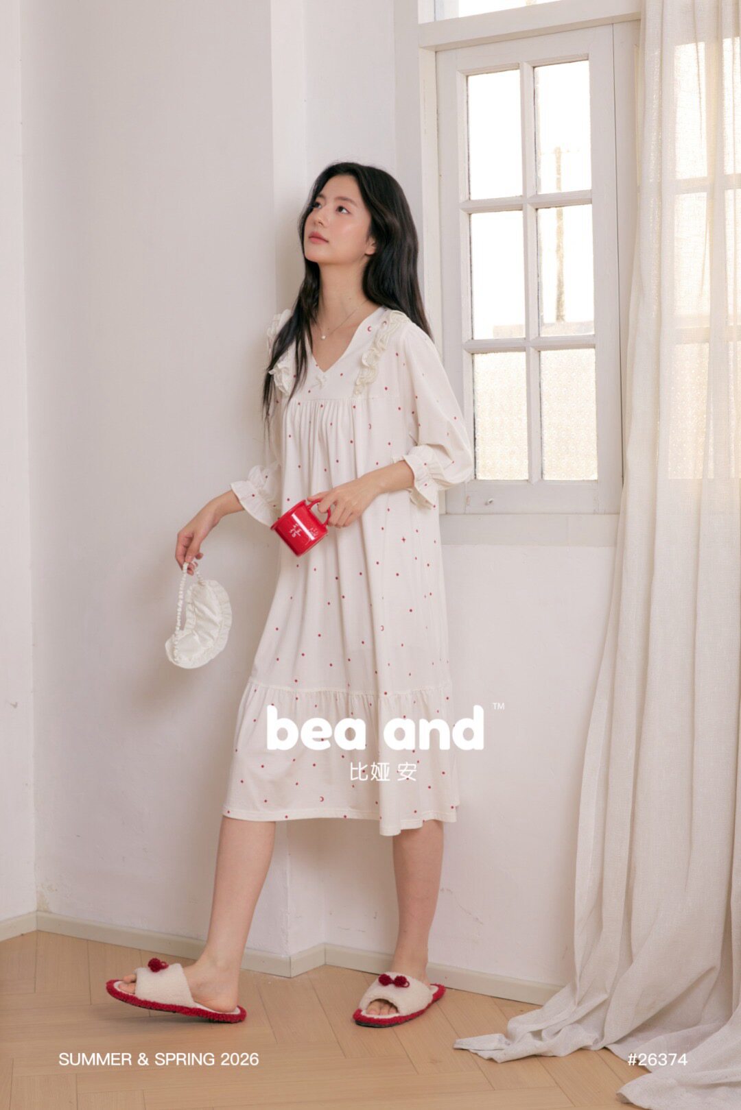Bea莫代尔棉波点女士薄款v领甜美长袖家居服睡裙