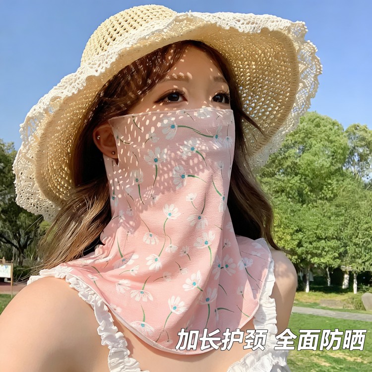 夏薄款防晒面罩遮脸挂耳面罩纱巾防晒防阳光围脖护颈碎花印花发带