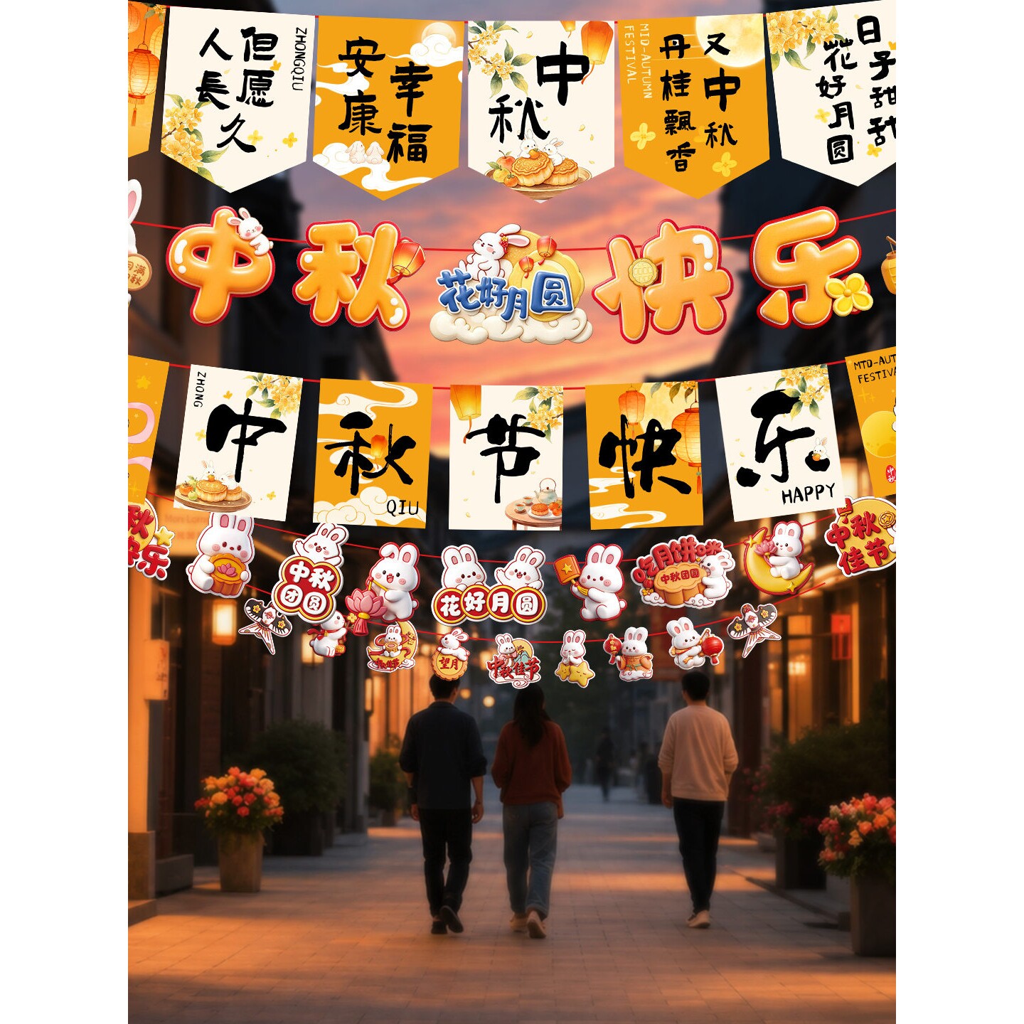 中秋国庆节场景布置氛围装饰拉旗挂饰店面门店内蛋糕店里串旗挂件