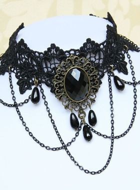 哥特风复古女王黑色颈链蕾丝礼服锁骨夸张项链领子配饰送女友礼物