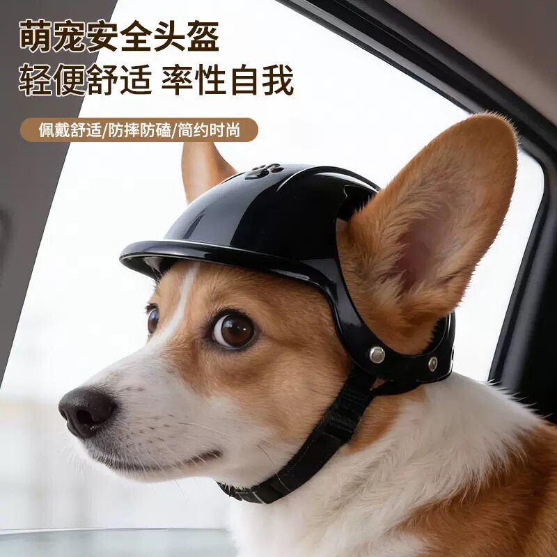 狗狗头盔外出骑车帽子泰迪比熊柯基边牧漏耳头盔眼镜摩托机车头盔