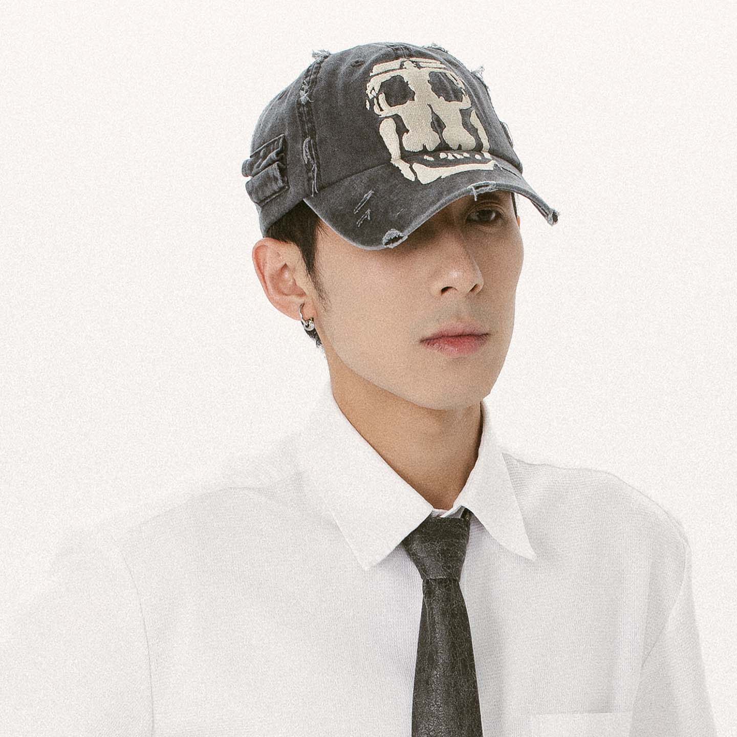 KetchupVintage（闭店清仓中）骷髅水洗做旧破坏刺绣美式帽弯檐帽