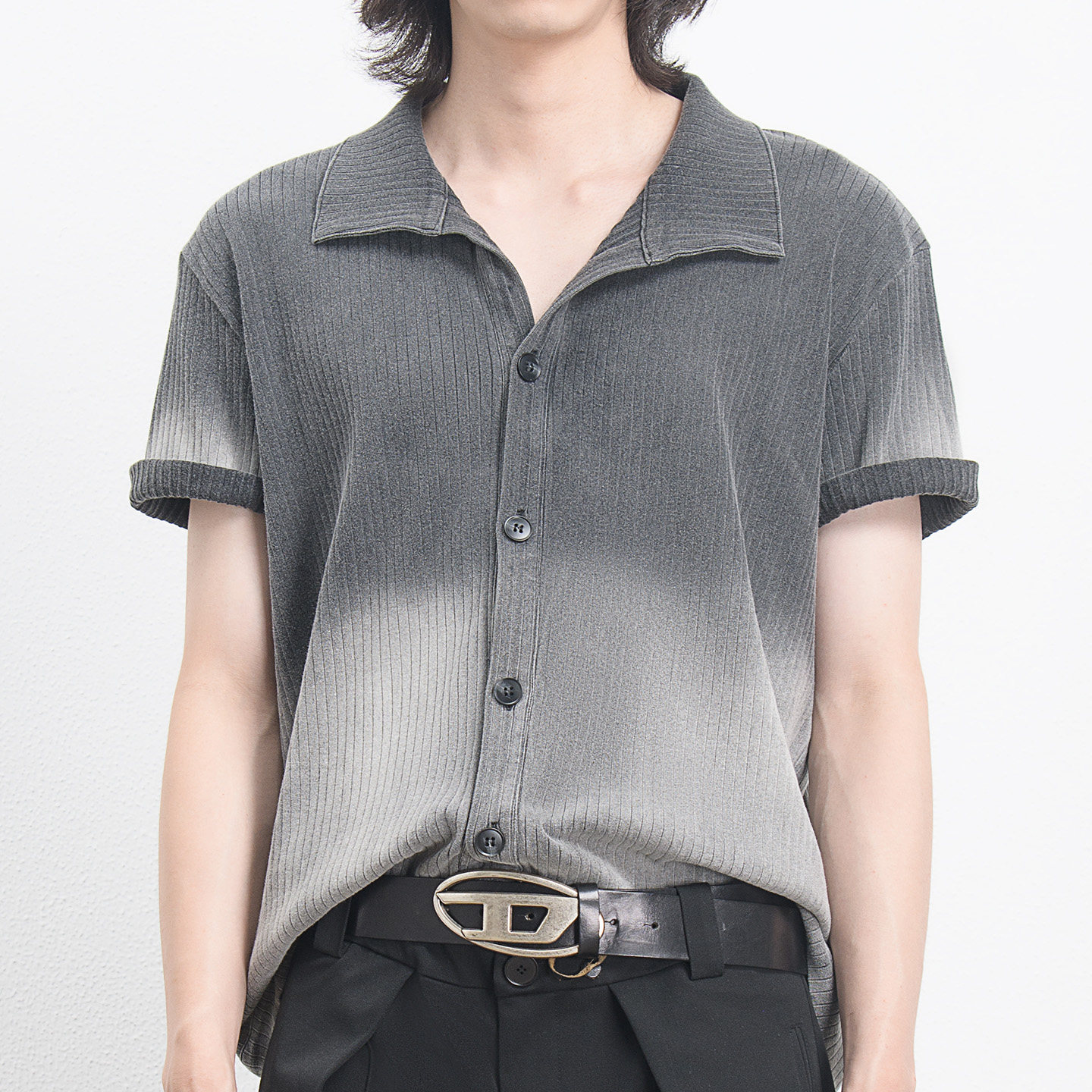 水洗渐变polo领短袖衬衫开衫