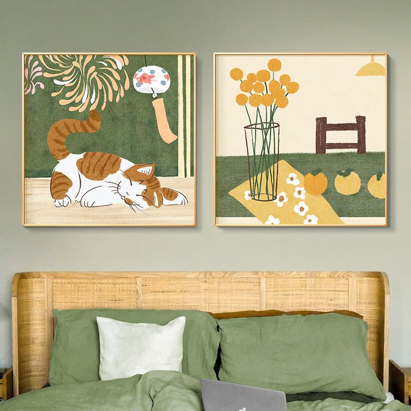 卡通猫咪挂画瓶子水果日式原木风装饰画正方形抽象艺术温馨餐厅画图片
