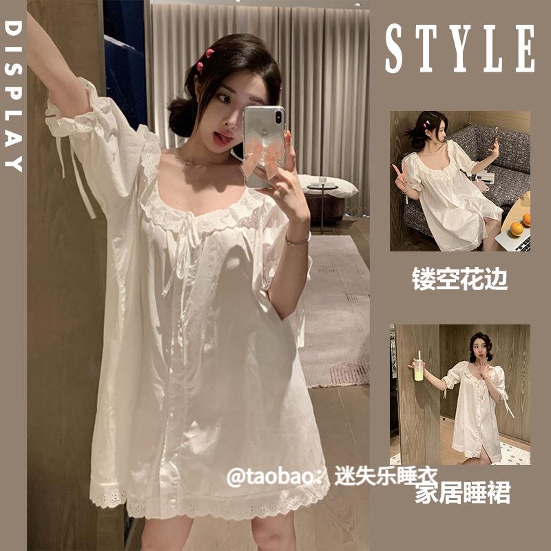 法式公主风镂空花边睡裙女大码夏季少女短袖白色连衣裙可外穿裙子