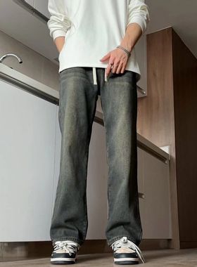 阿叔春秋水洗做旧纹理感简约百搭休闲宽松直筒牛仔裤ASH-60013