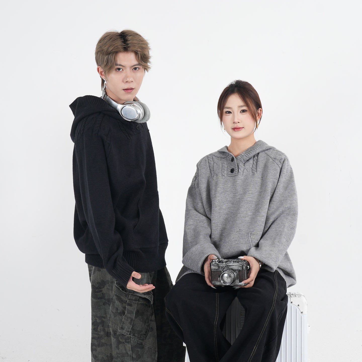 阿叔秋冬韩系慵懒针织衫百搭宽松麻花纹理半纽扣连帽毛衣GK-3311