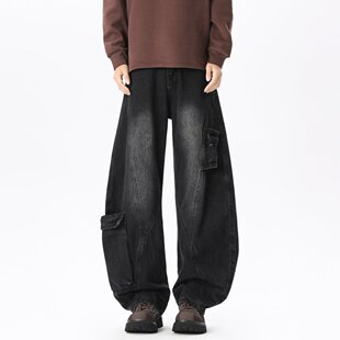 阿叔春秋美式水洗做旧复古工装裤口袋百搭宽松弯刀牛仔裤AG-552