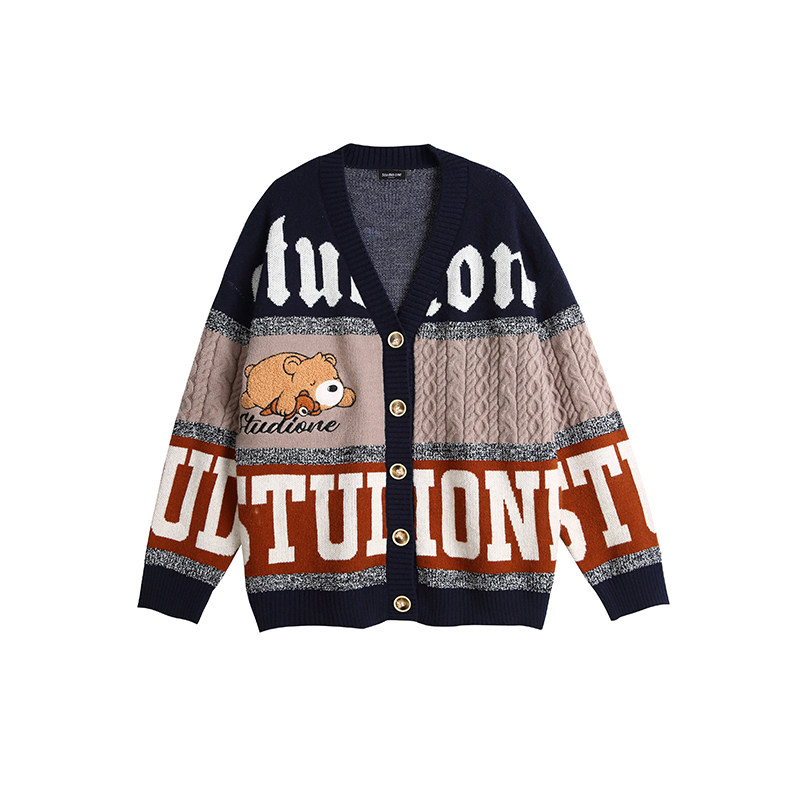 阿叔秋冬韩系慵懒撞色针织衫百搭宽松纽扣开衫毛衣外套GK-2816