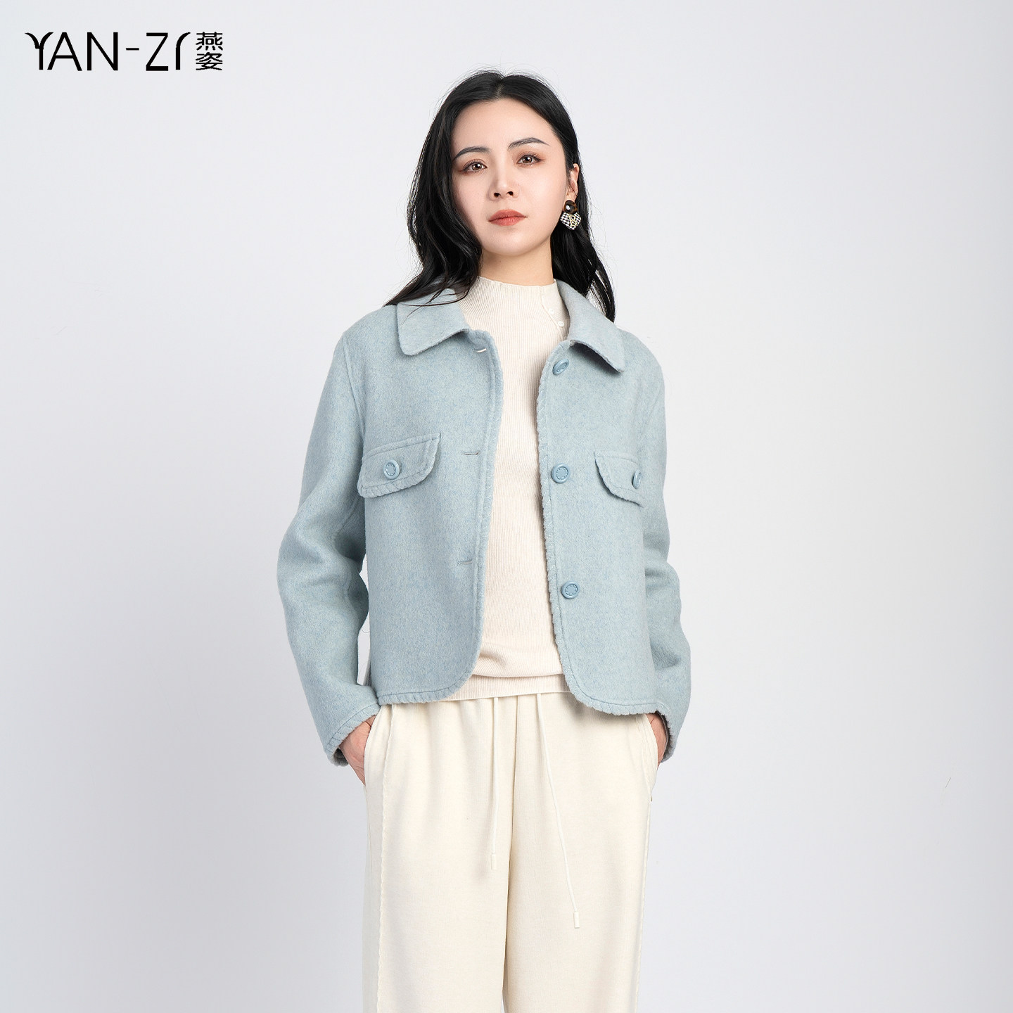 燕姿服饰冬季新款气质小香风翻领短款双面毛呢外套女商场同款