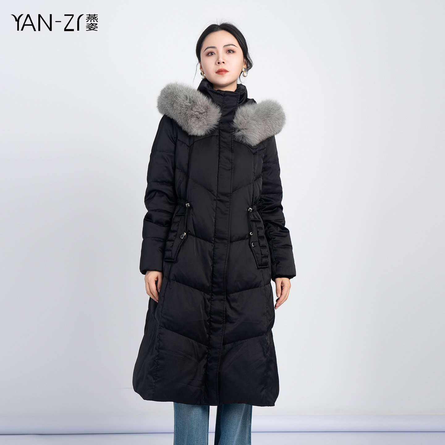 狐狸毛领长款鹅绒内胆羽绒服外套