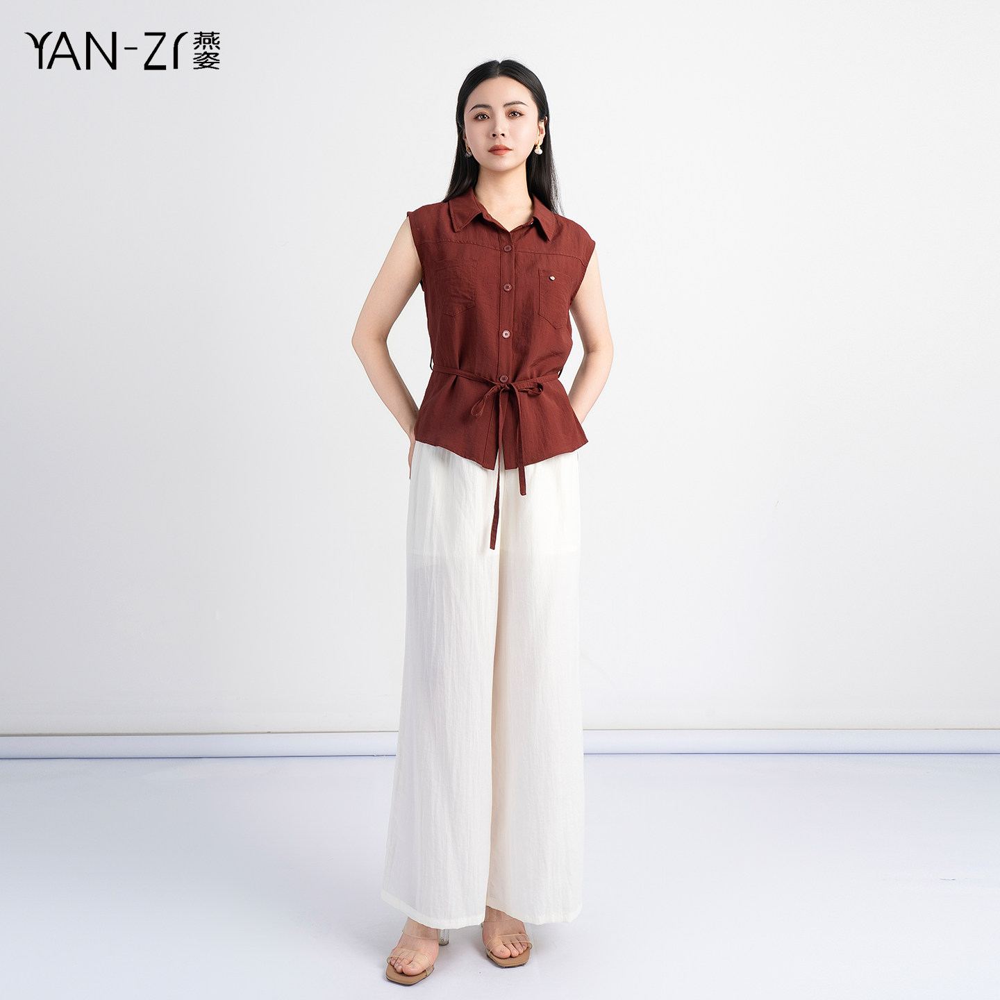 燕姿服饰夏季新款简约风无袖系带收腰衬衫直筒阔腿裤套装商场同款