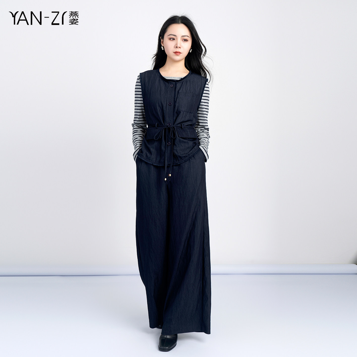 燕姿服饰春季新款条纹长袖T恤收腰马甲阔腿裤三件套女商场同款,女装/女士精品,时尚套装,淘宝优惠券,粉丝福利购,淘宝优惠卷