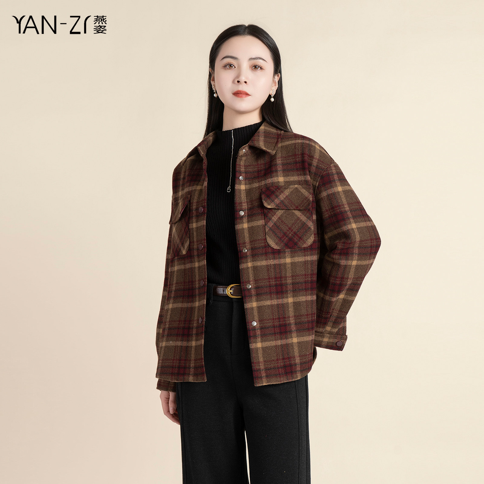 燕姿服饰春季新款翻领百搭宽松磨毛显瘦夹棉格子衬衫女商场同款