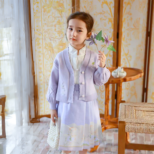 女童马面裙套装中大童春款汉服刺绣连衣裙熊猫裙子国风开衫衬衫