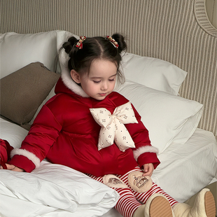 女童红色新年羽绒服冬季连帽加厚保暖90白鸭绒外套甜美公主风童装