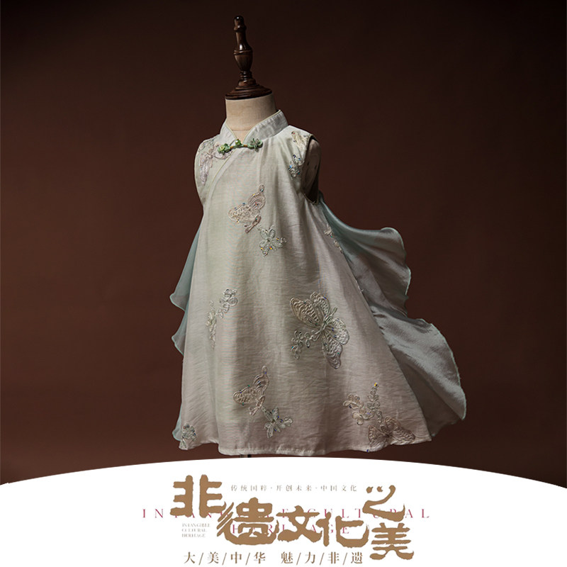 女童夏季天丝汉服旗袍连衣裙夏季国风刺绣背心裙超仙古风无袖