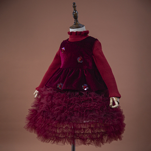 女童秋冬连衣裙公主裙两件套高领丝绒蓬蓬生日新年洋气礼服套装