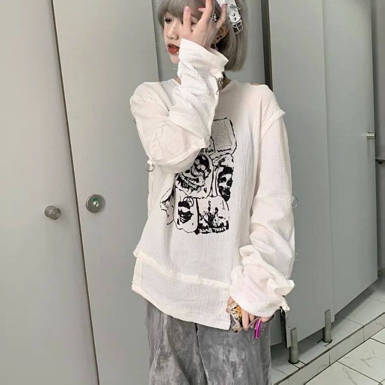【纯棉】露肩长袖T恤女白色日系束缚衣朋克原宿拘束衣哥特亚文化