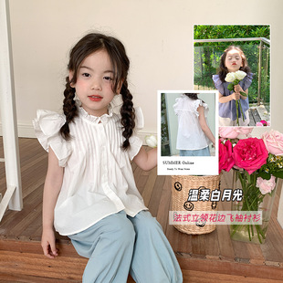 荷叶花边小飞袖 艾摩贝贝儿童洋气气质小立领短袖 法式 女童韩版 衬衫