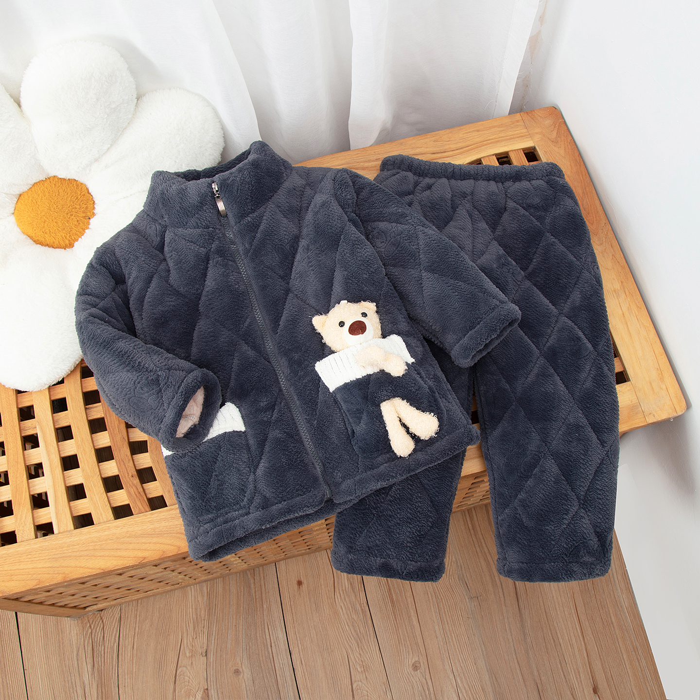 冬季儿童法兰绒睡衣加厚立领珊瑚