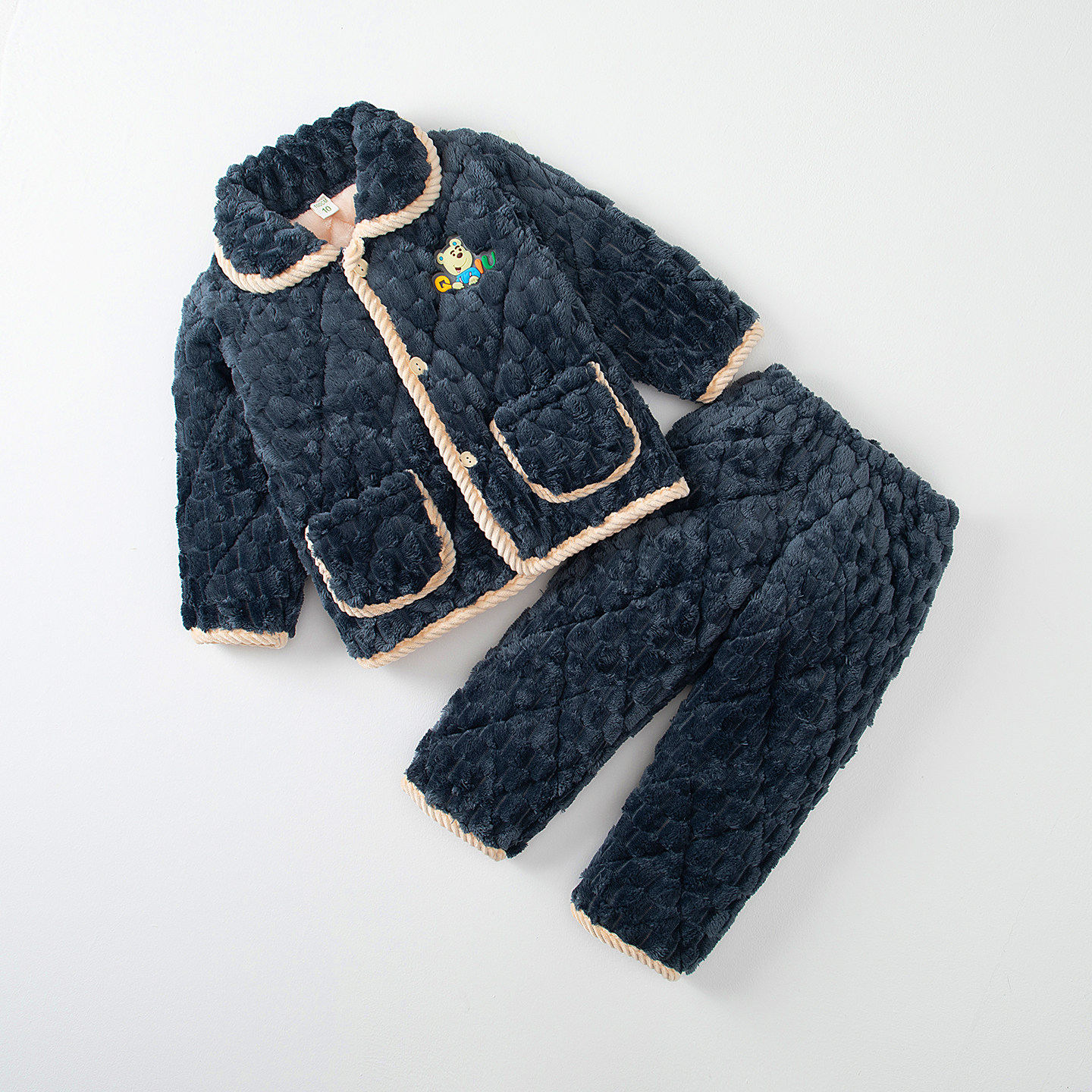 冬季儿童睡衣三层夹棉袄套装珊瑚绒加厚男童女童加绒法兰绒家居服