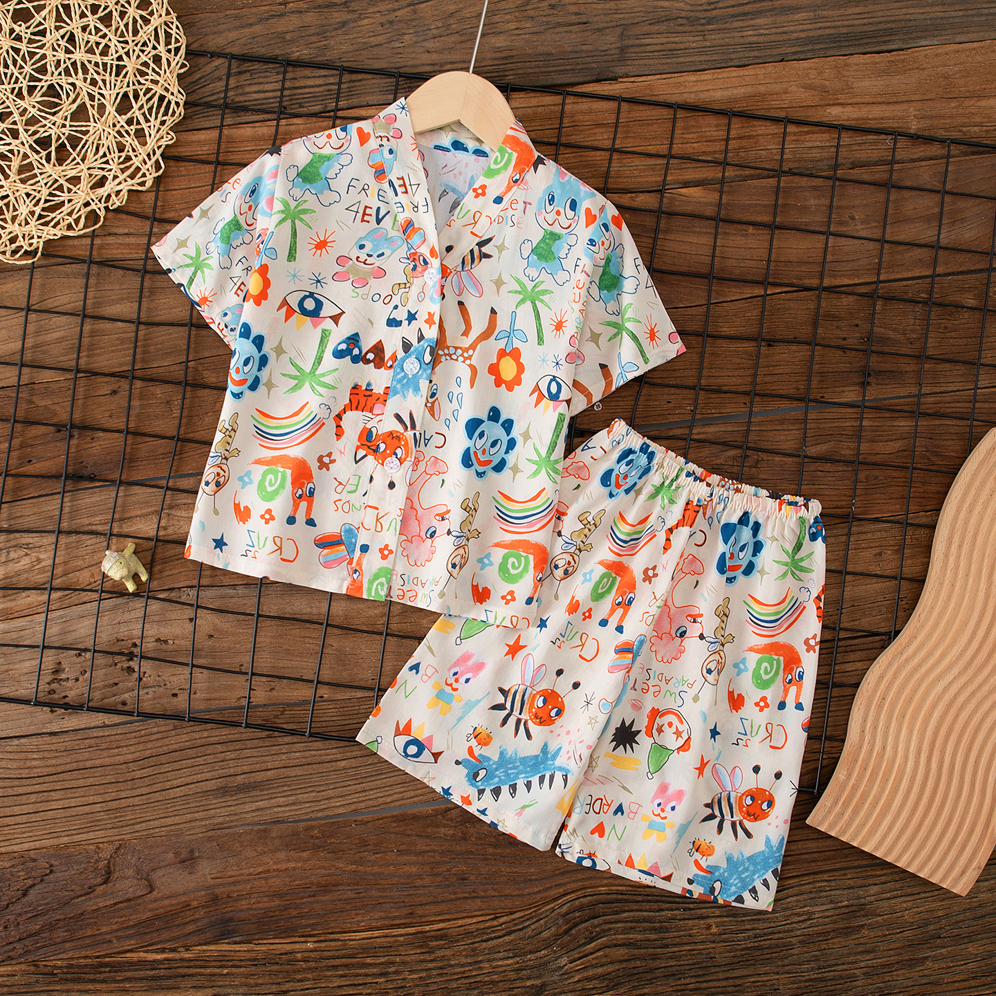 夏季儿童棉绸短袖短裤睡衣男童女大童绵绸宝宝开衫家居服套装薄款